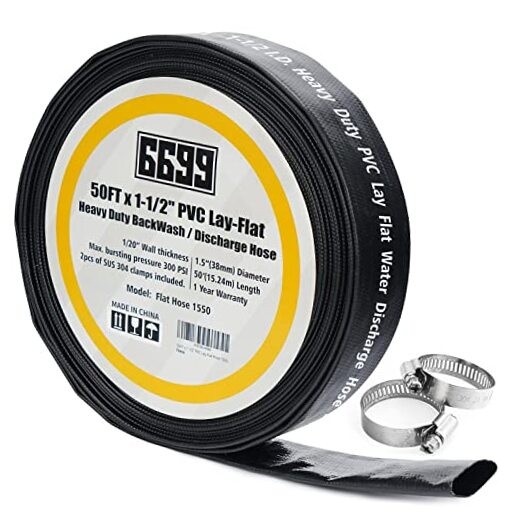 Heavy Duty Discharge Hose PVC Lay Flat Water Tubing with Clamps Easy to 50FT