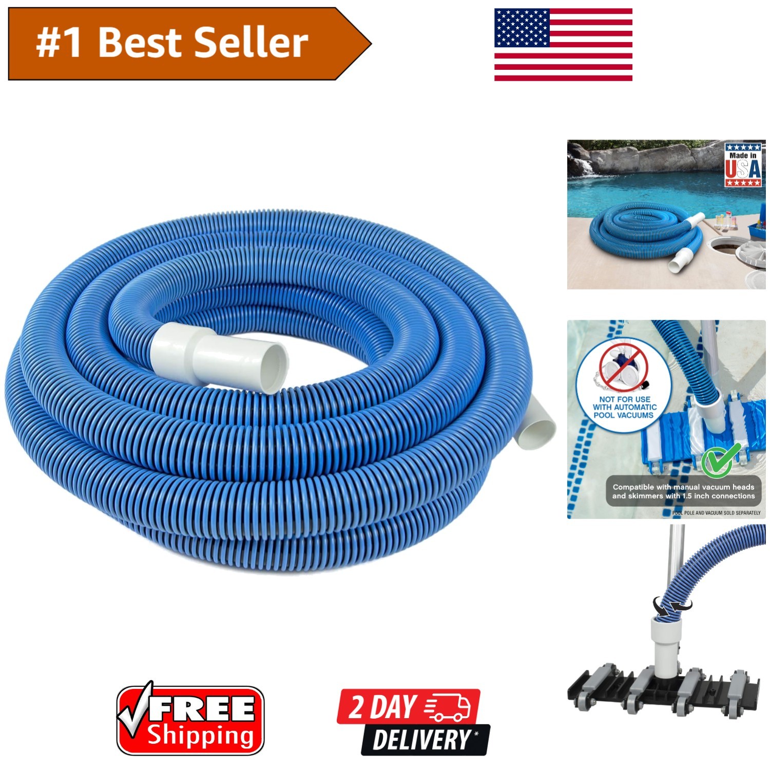 30 Ft Heavy-Duty Manual Pool Vacuum Hose, Kink-Free & Compatible with Most Pools