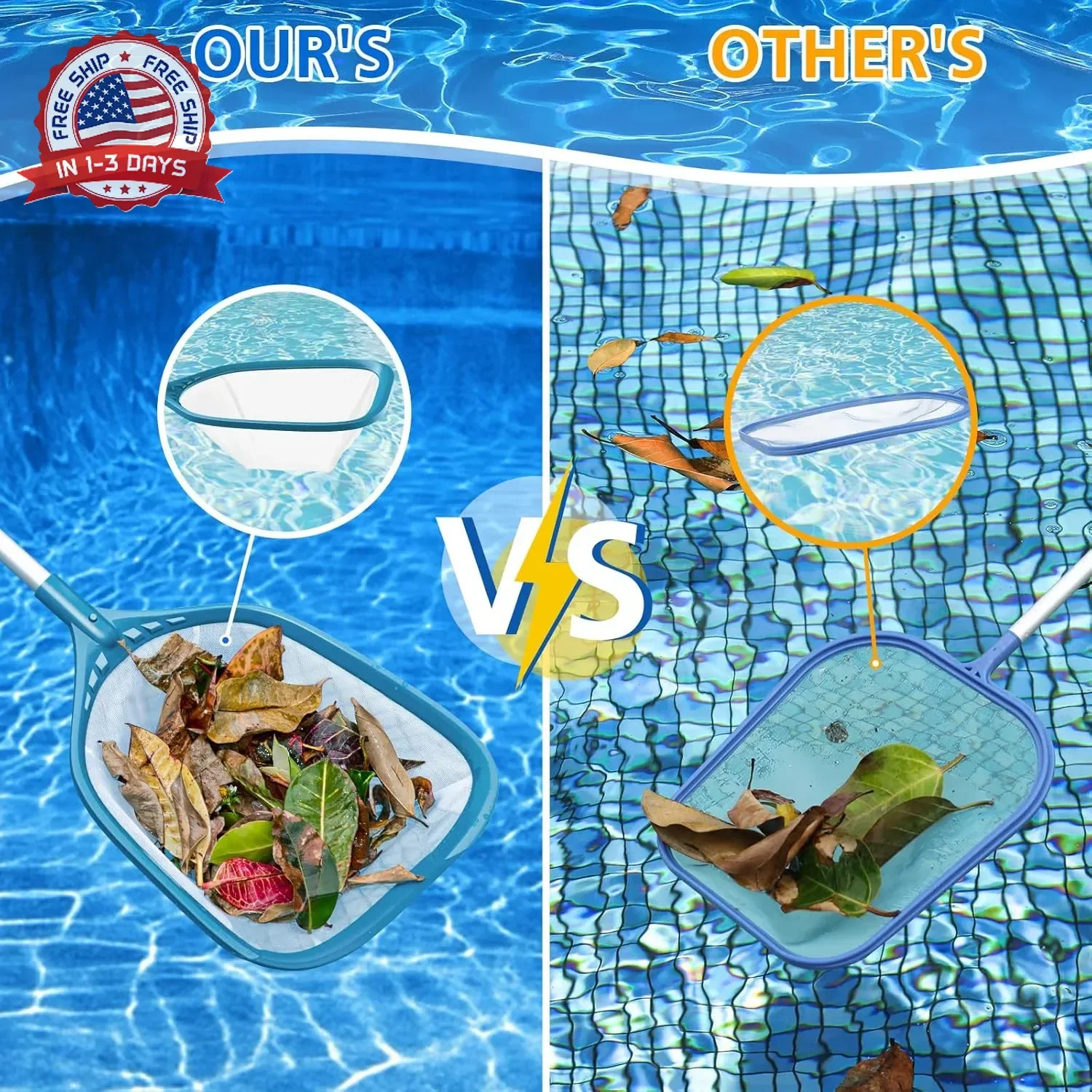Professional Pool Skimmer Net 57 inch with 4 Aluminum Poles – Fine Mesh for Fast