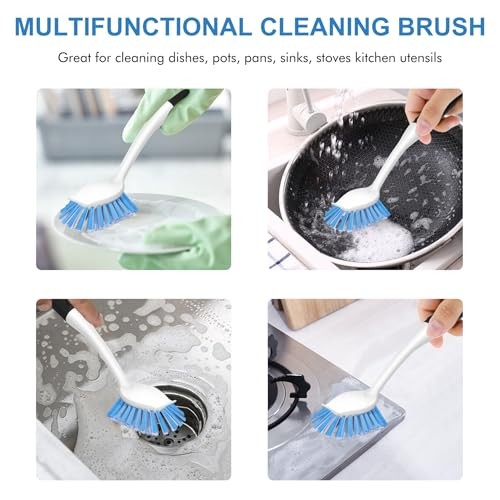 Dish Brush with Handle – 2 Pack Stiff Bristles Dish Scrubber – Black-Blue