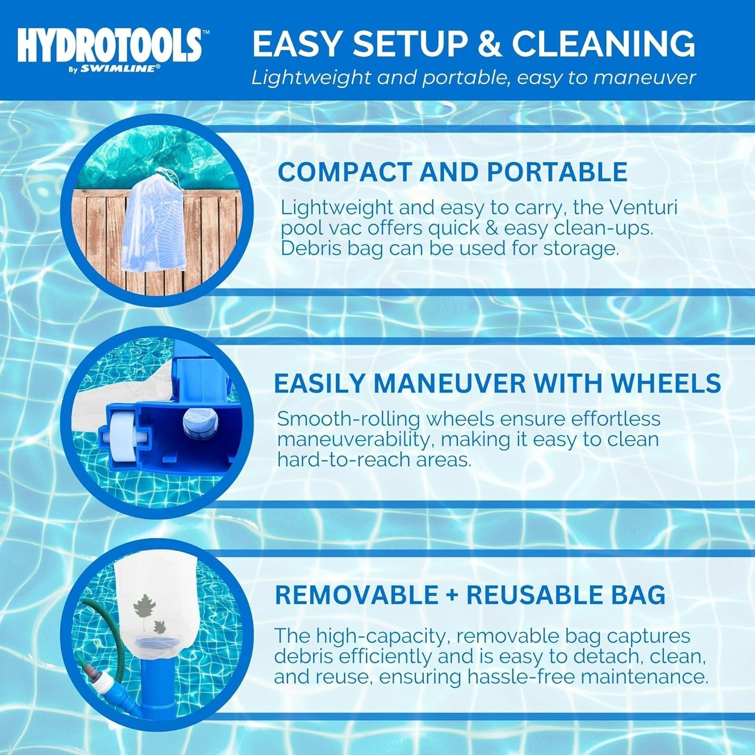 Effortless HYDROTOOLS Mini Venturi Pool & Spa Vacuum – Cordless, 1.2lb Design