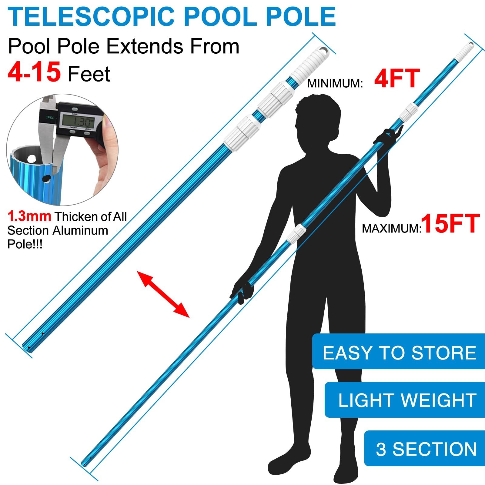 15ft Adjustable Aluminum Telescoping Pool Pole – 1.3mm Thick, Connects Skimmer N