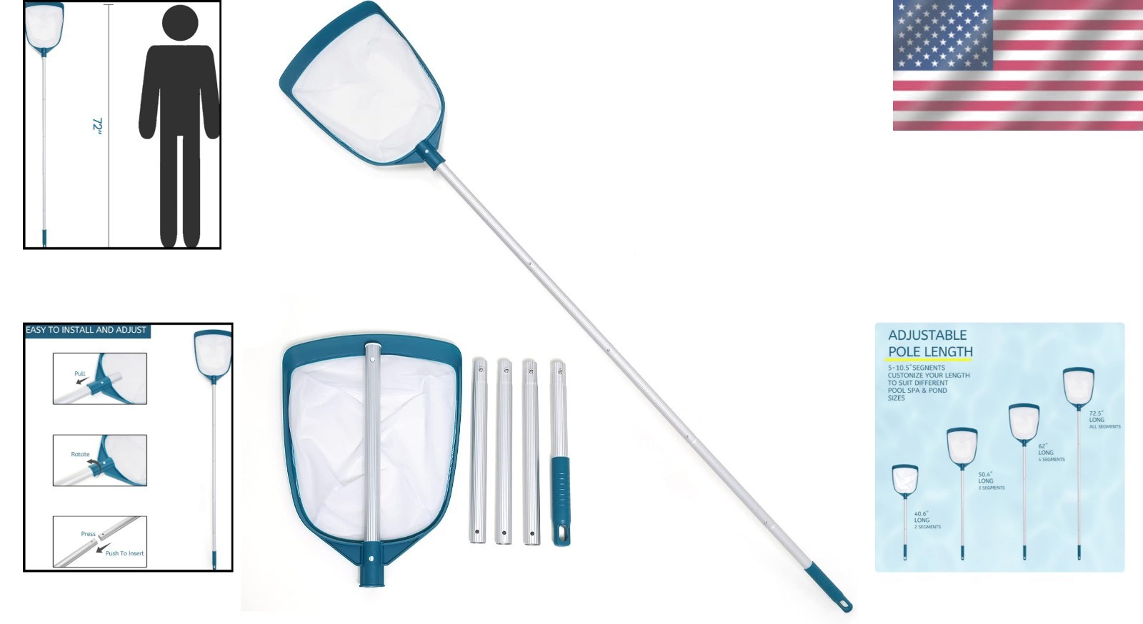 Pool Skimmer with Adjustable Pole & Fine Mesh – Safe for All Pools
