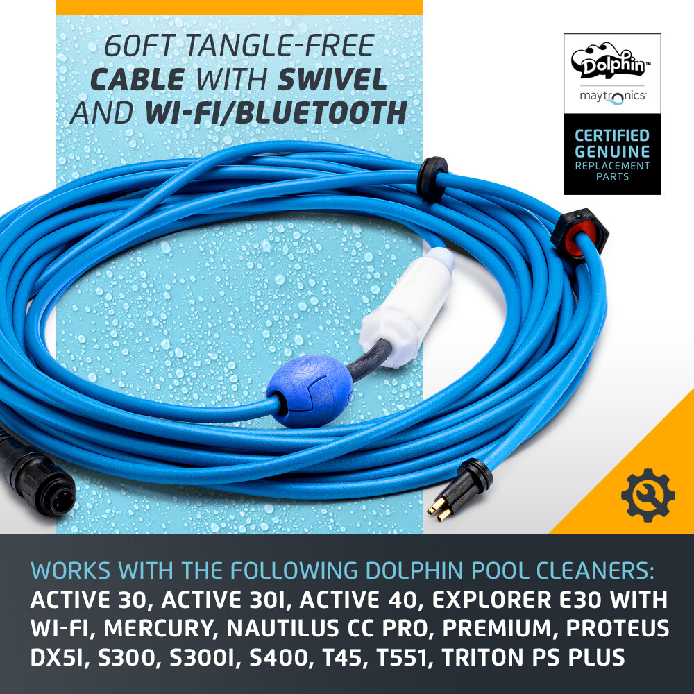Authentic Dolphin Replacement Cable with Swivel (3 Wire) – 60ft, Maytronics