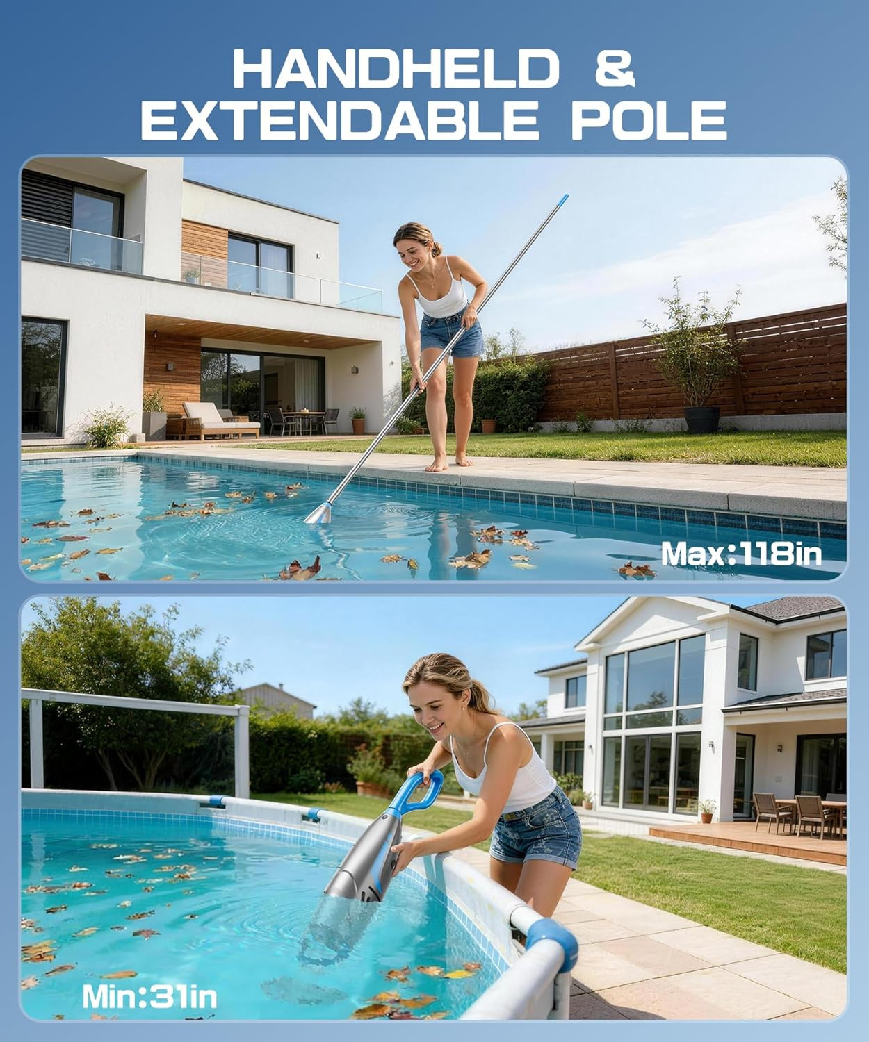 Cordless Pool Vacuum w/4 Filter Bags 26.5GPM Rechargeable Cleaner w/ Heads