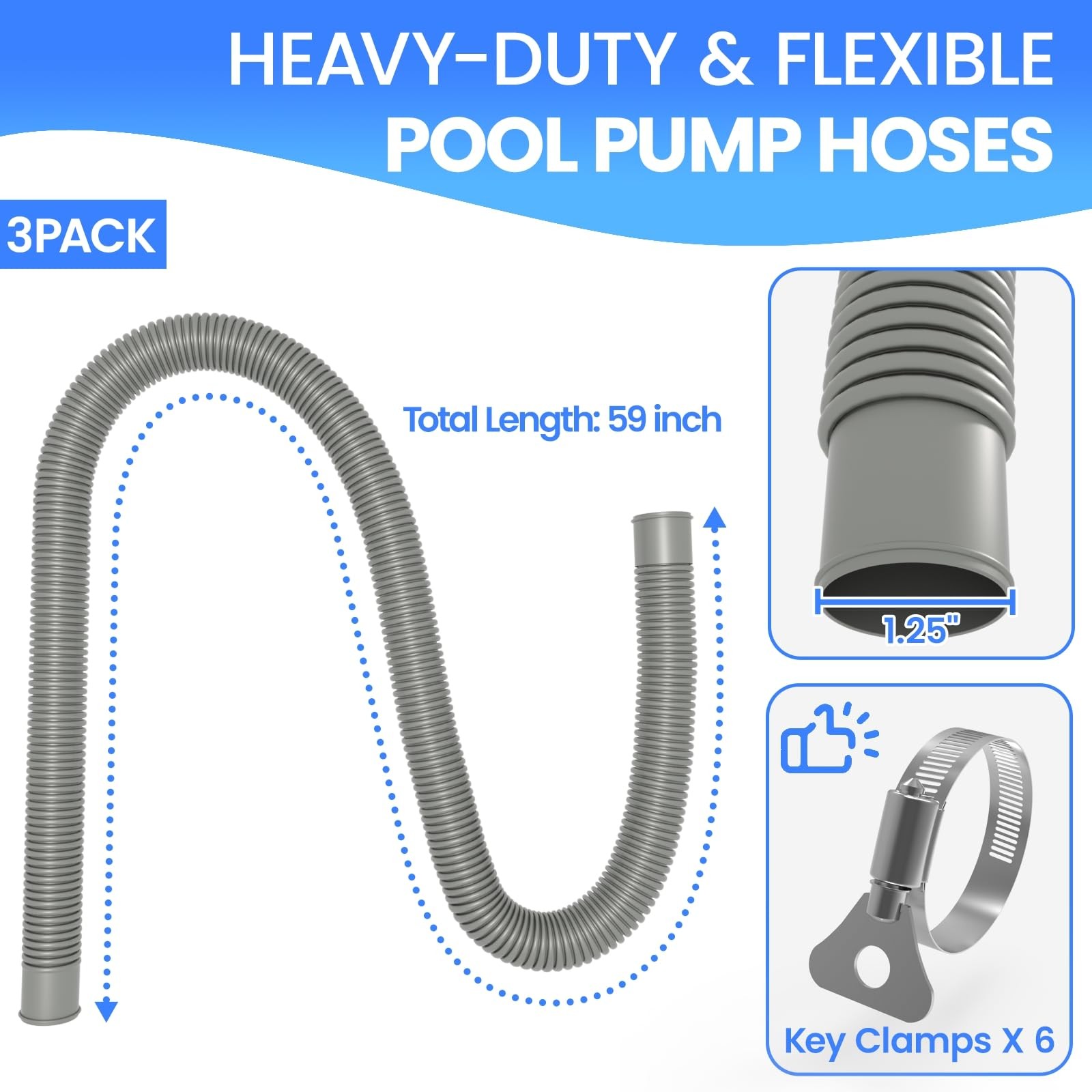 Poolvio Pool Hoses For Above Ground Pools 1.25 Diameter X 59 Long 3-Pack Heavy