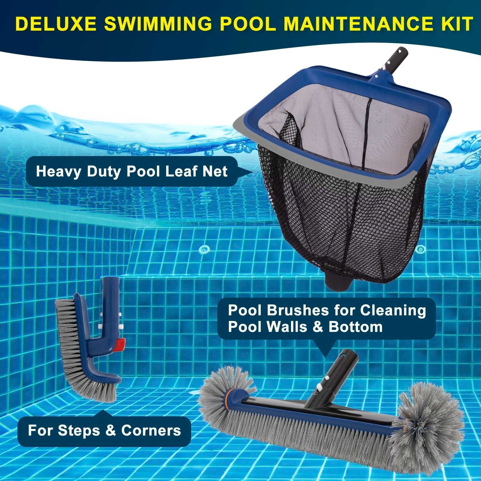 Deluxe Pool Cleaning Kit – Skimmer Net, 17.5&Prime; Brush & Rotatable Scrub Brush, Hea