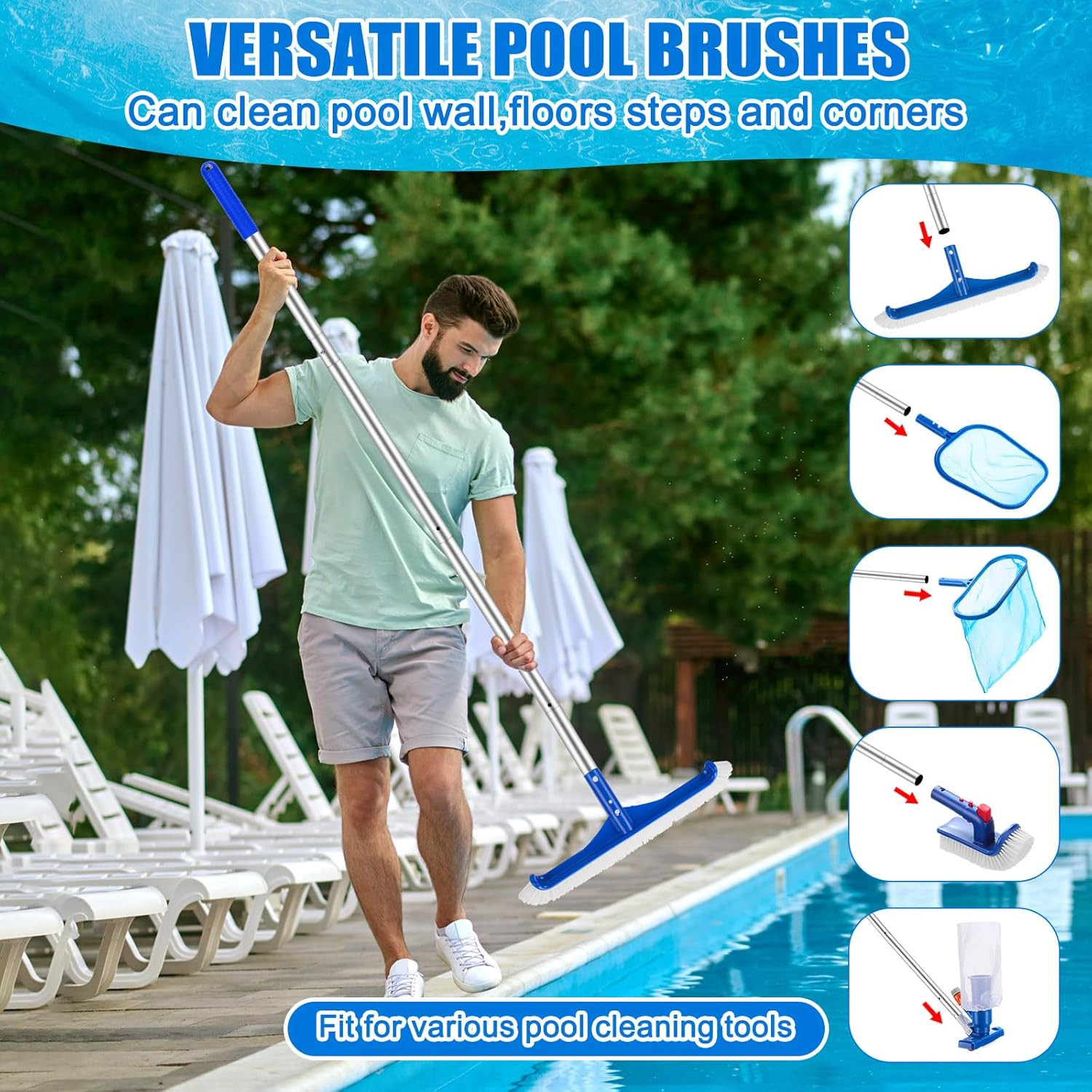 5 Pack Deluxe Swimming Pool Cleaning Kit with Vacuum, Brushes, and Nets