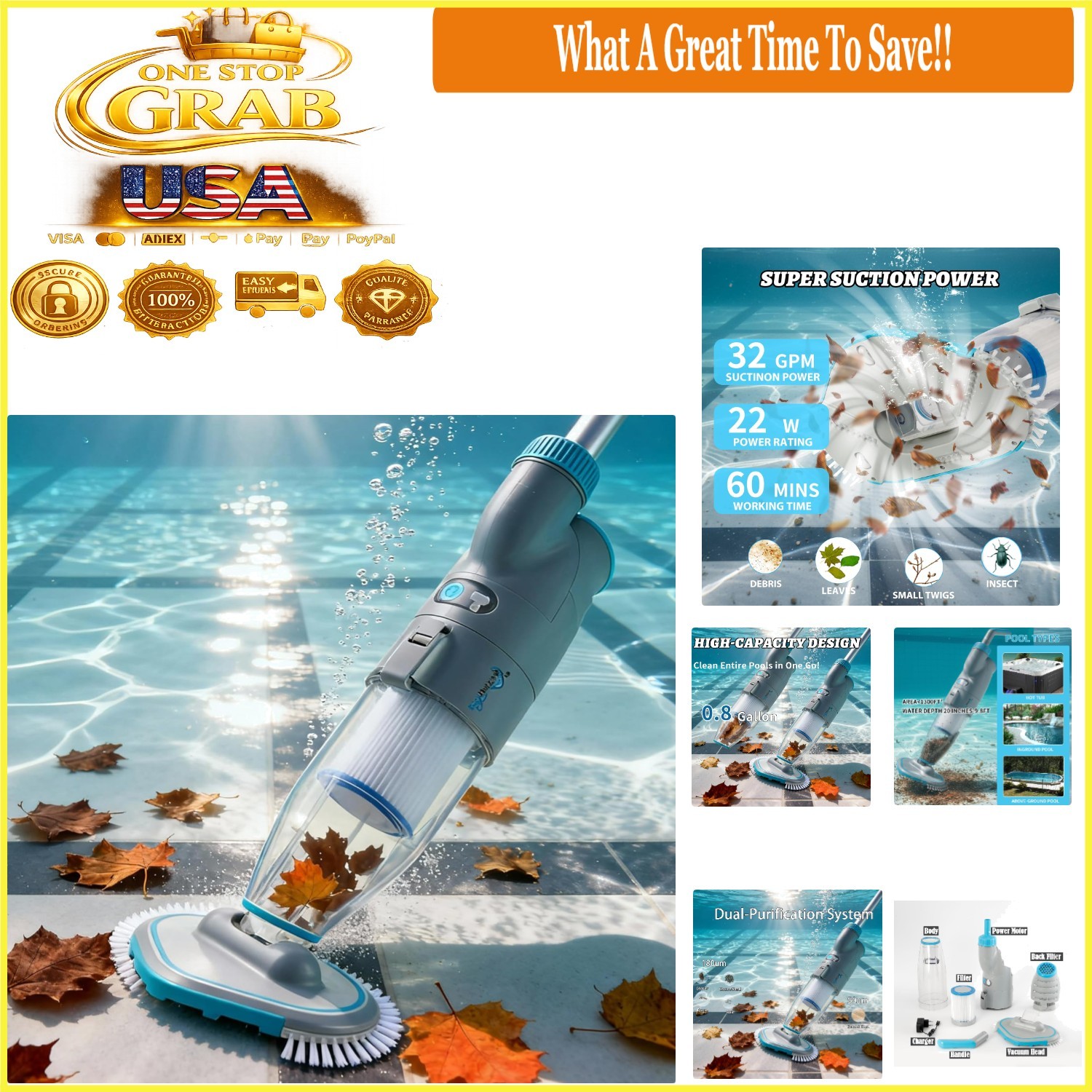 50 PRO 2026 Cordless Pool Vacuum Cleaner Heavy-Duty Debris Spas Hot Tubs Gray