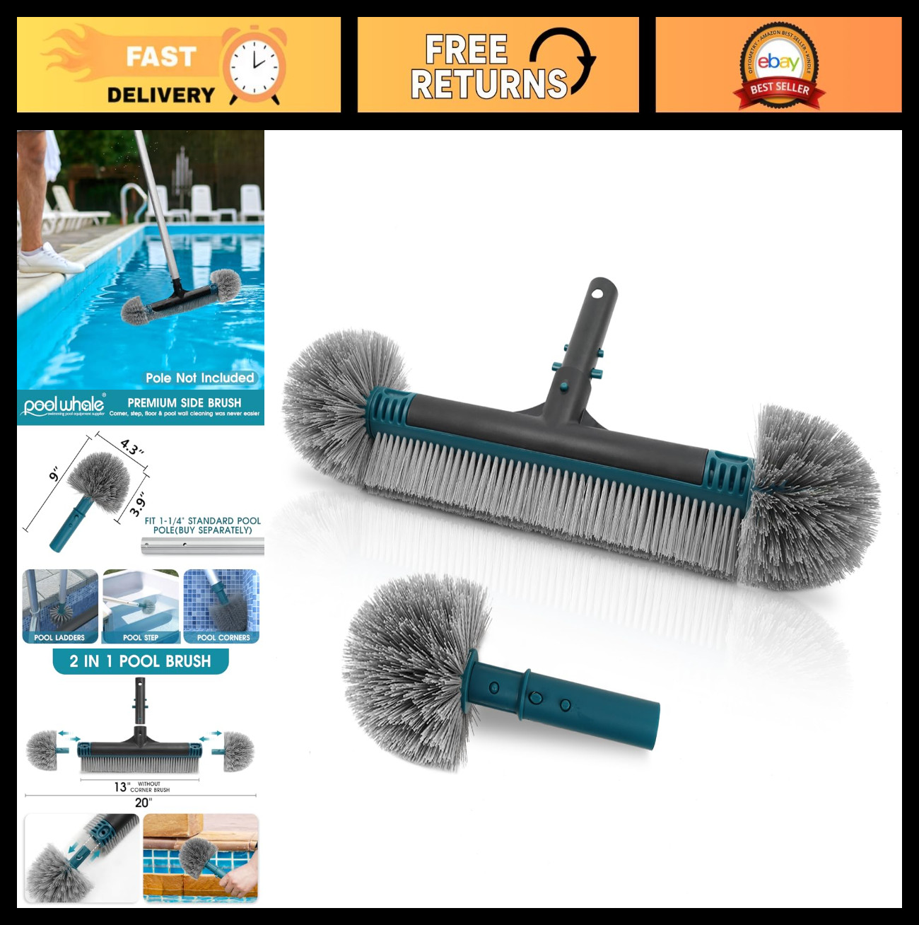 20&Prime; Detachable Pool Brush Head with Durable Nylon Bristles & EZ Clip Handle – Cl