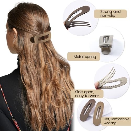 8 Pcs Large Lay Flat Claw Clips for Women – French Side Matte – Multiple Brown