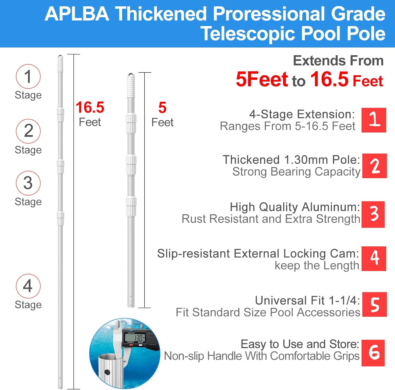 Professional 16.5 Foot Swimming Pool Pole Telescopic，Heavy Duty Aluminum