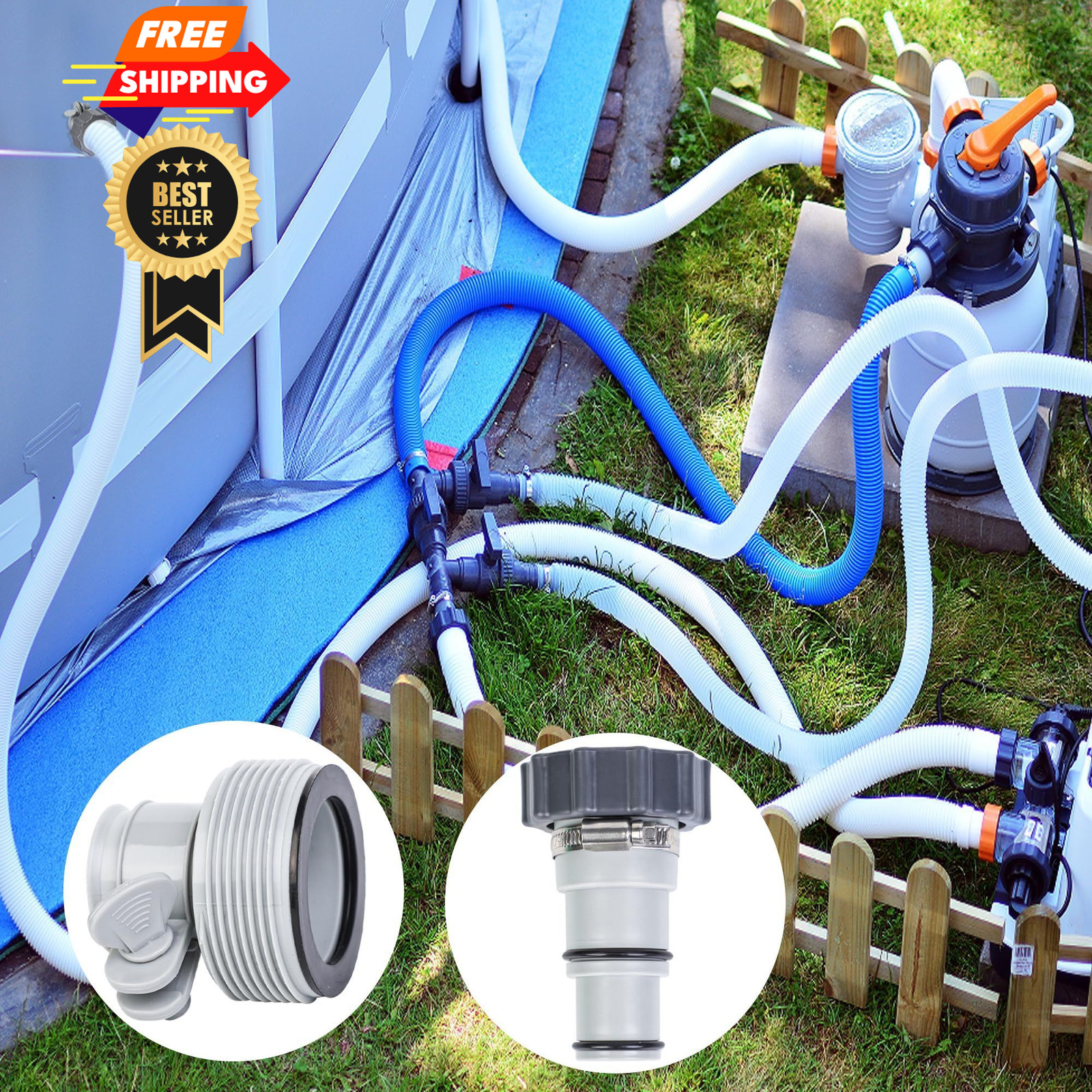 4 Pack Pool Hose Adapter with Clamp Washer 2 Types 1.5 inches, Gray