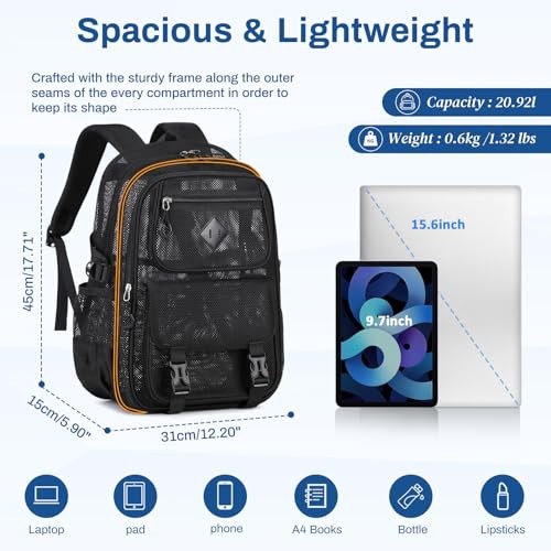 Mesh Backpack, 17in Heavy Duty See Through Backpack Ultra Black-17in