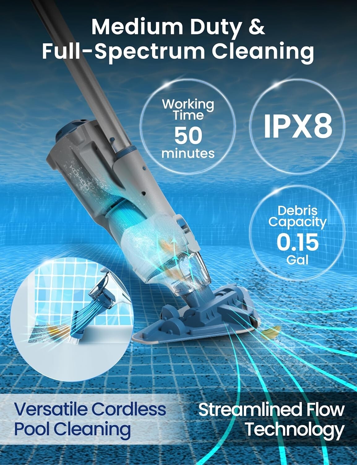 2025 Cordless Pool Cleaner with XL Head for Hard-to- Areas – 1- Service