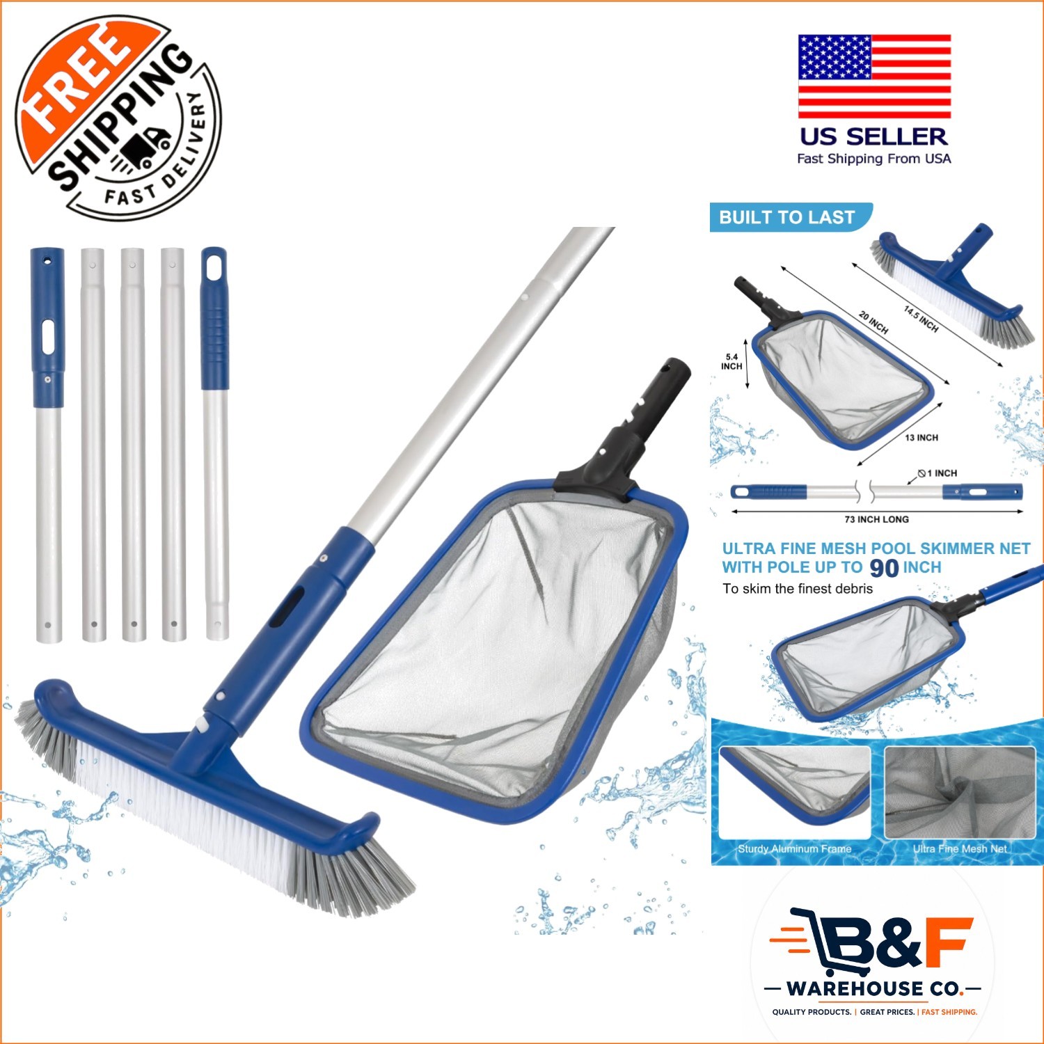 Pool Cleaning Kit – Durable Skimmer Net & Brush with 73 » Aluminum Pole
