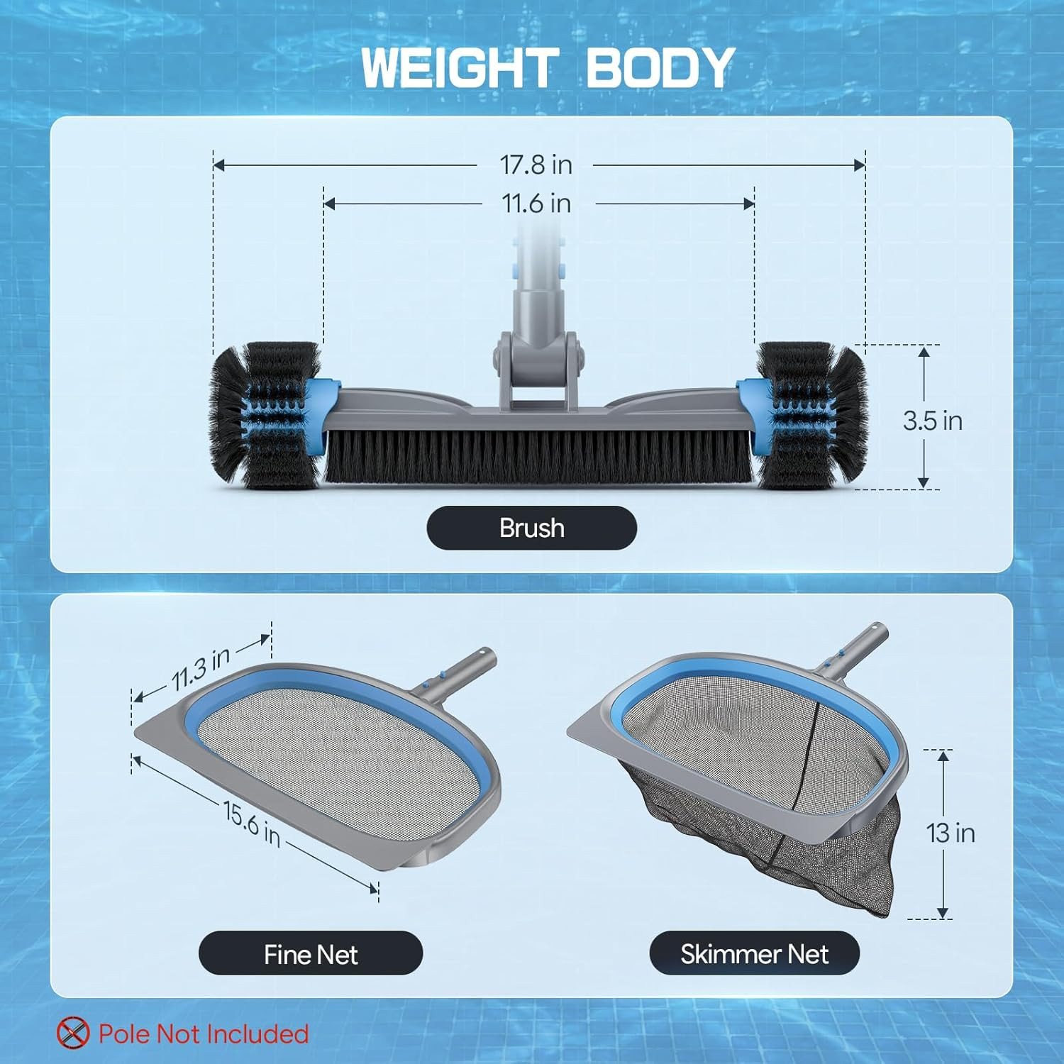 3-In-1 Deluxe Swimming Pool Cleaning Kit – Includes Pool Brush with Detachable S
