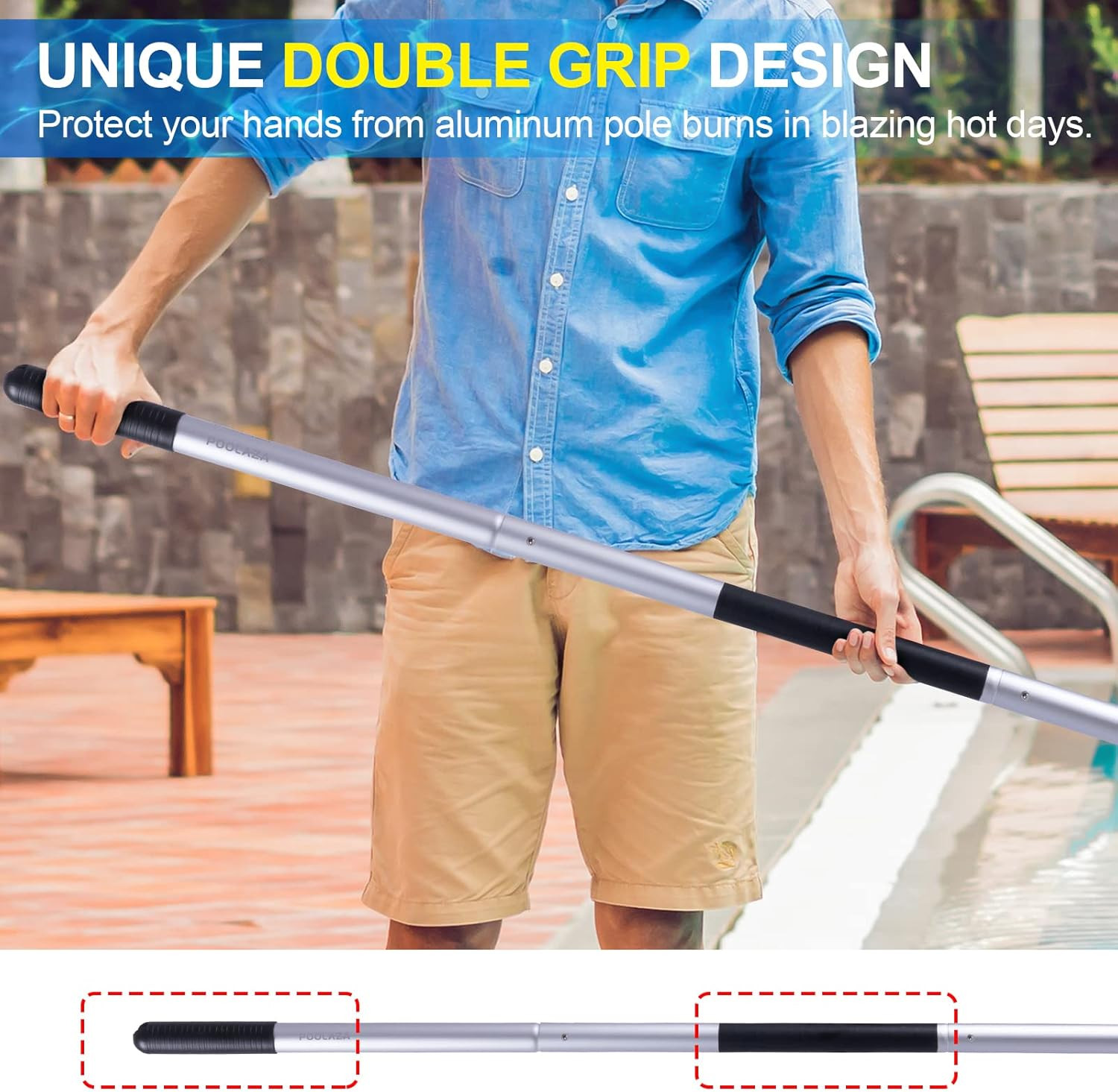 Dual-Handle Anodized Aluminum Telescopic Pool Pole, 10.5 Ft