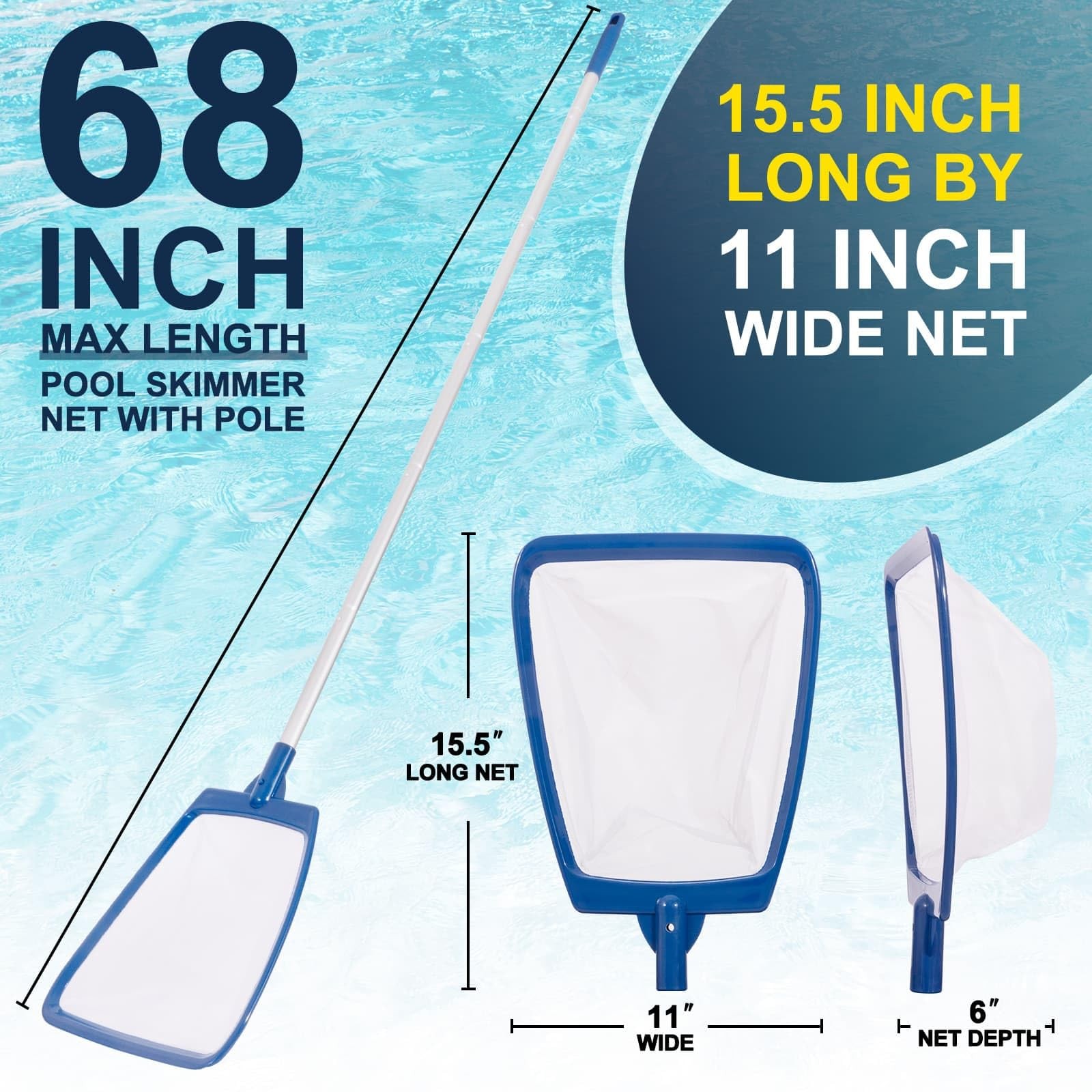 Pool Skimmer Net with Pole Ultra Fine Mesh for Cleaning Pools, Spas & Hot Tubs