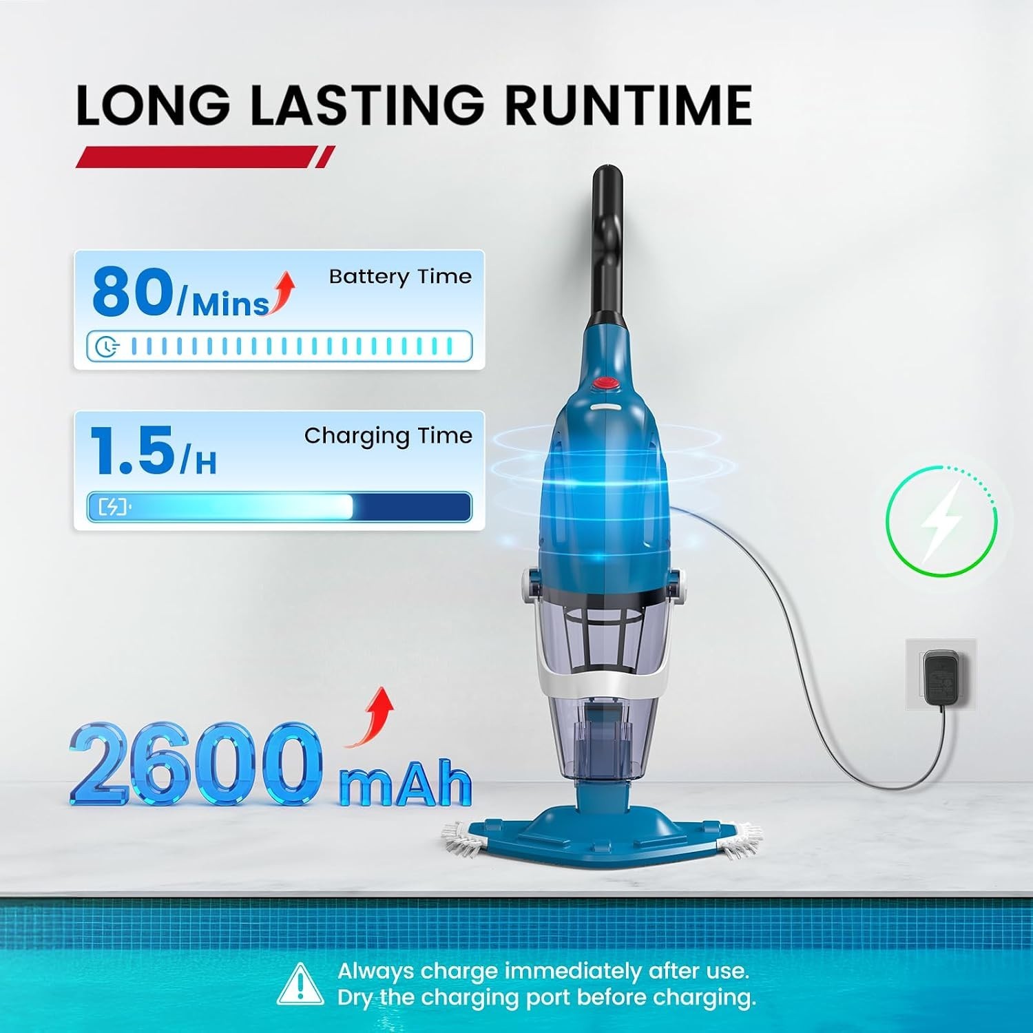 PC40 Cordless Pool Vacuum – 80 Mins Runtime, 18.5 GPM Suction & Telescopic Pole
