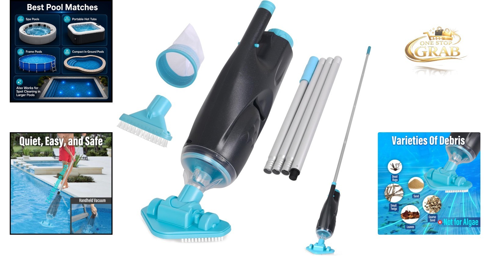 Cordless Pool Vacuum for Hot Tubs & Small Pools Rechargeable Up to 90 Min Blue
