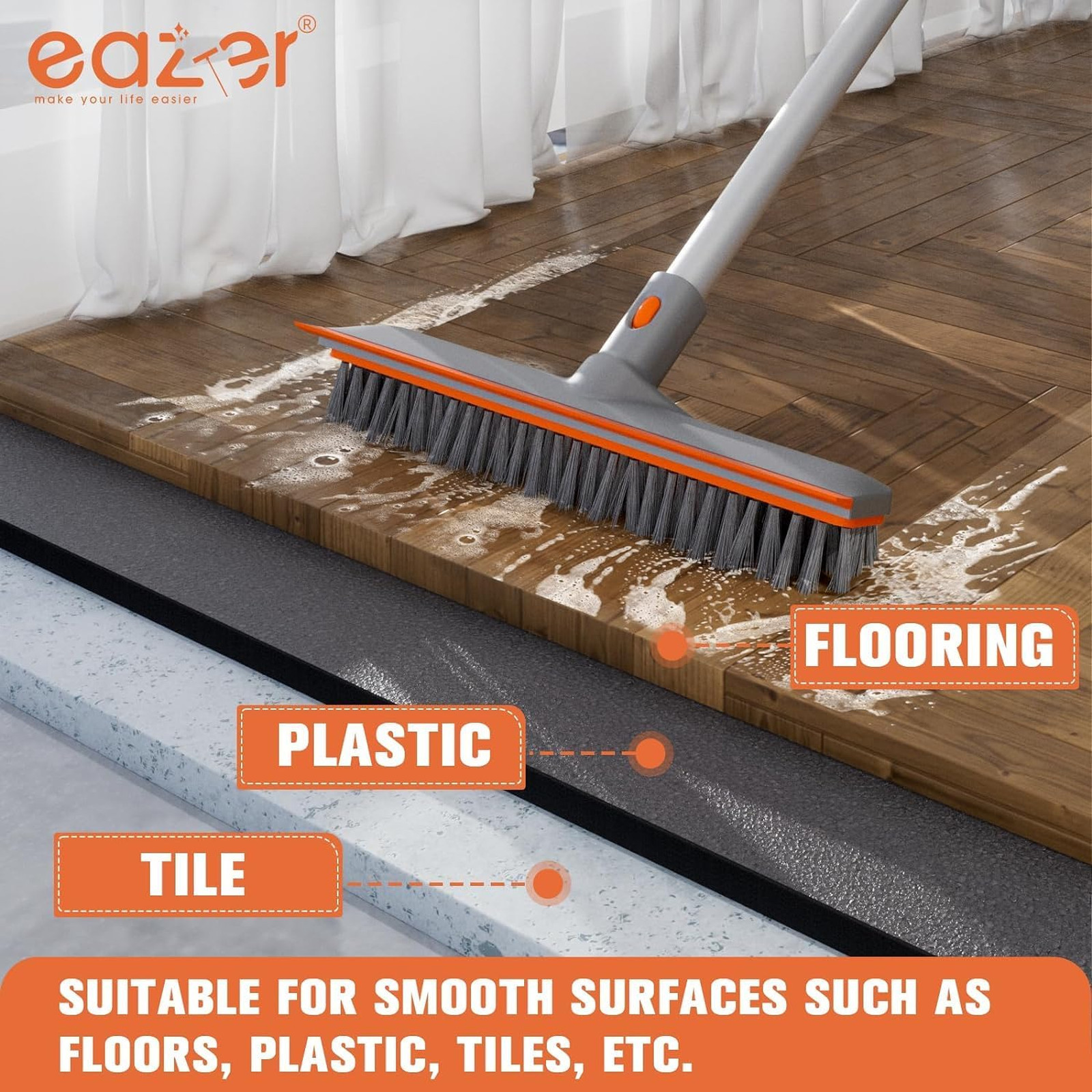 Floor Scrub Brush with Long Handle, 12 Inch Wide Soft Hard Bristles, Tile