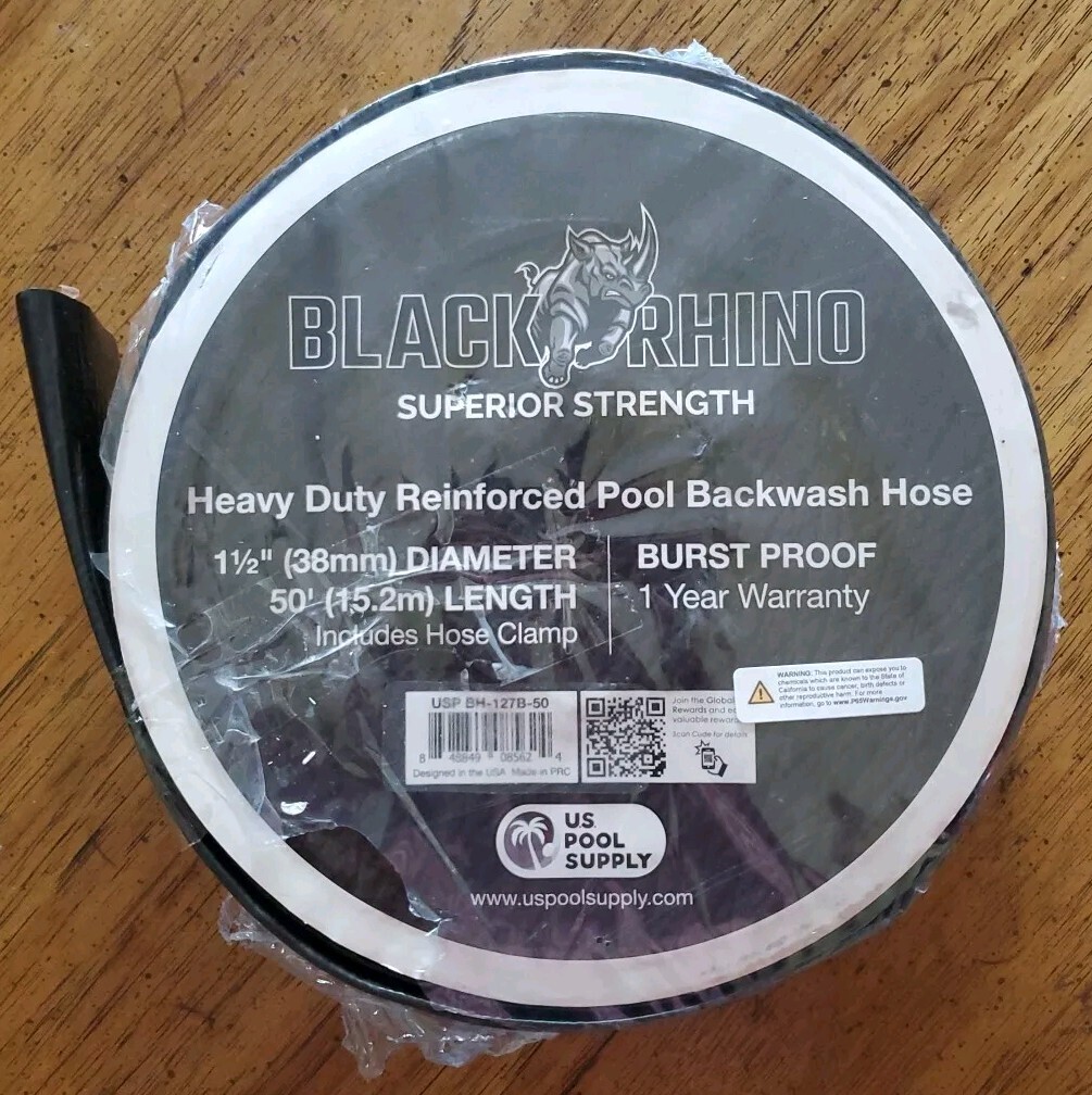 Black Rhino 1-1/2&Prime; x 50&prime; Heavy Duty Reinforced Pool Backwash Hose – No Clamp