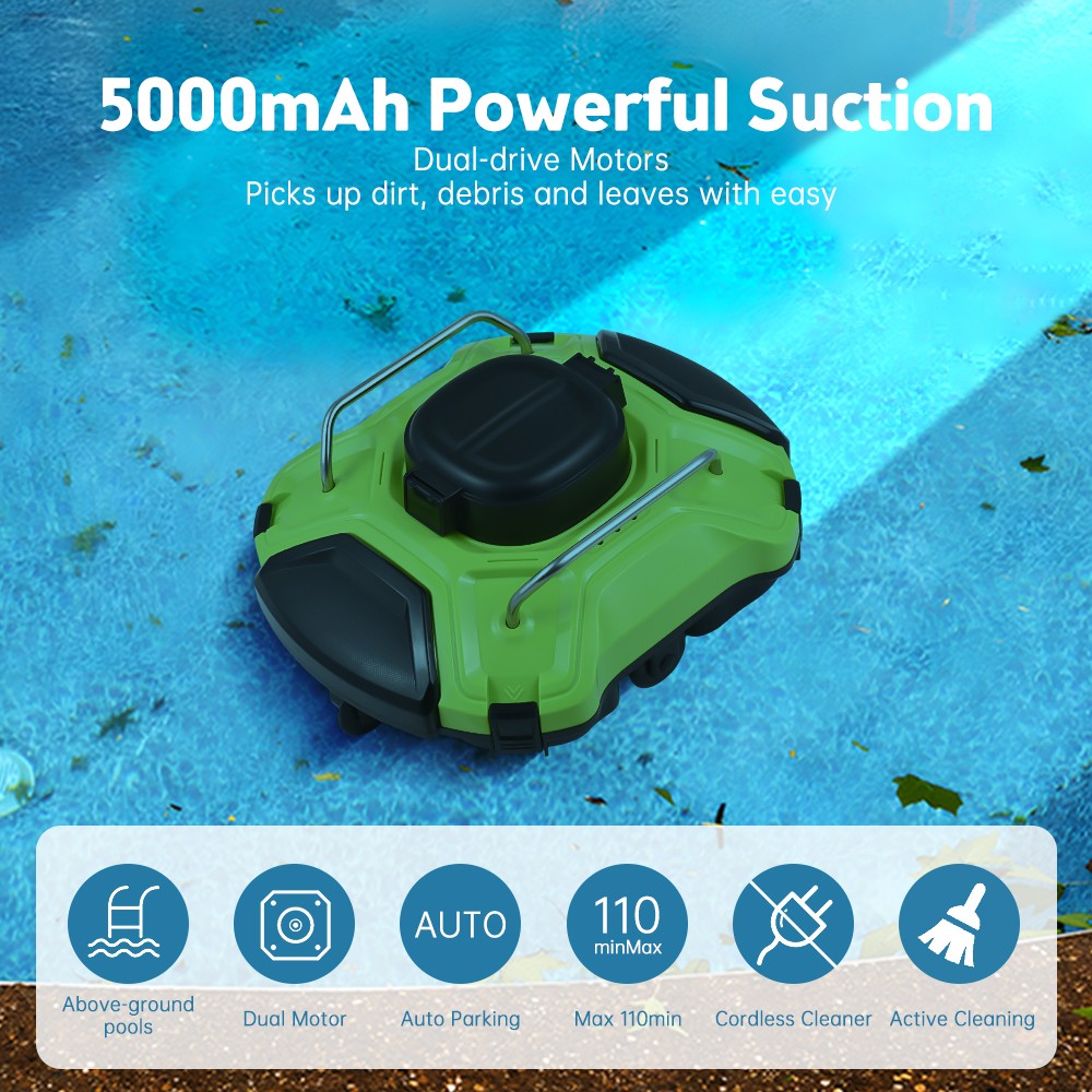 Cordless Robotic Pool Cleaner 30W IPX8 Waterproof Dual-Drive Motors Automatic