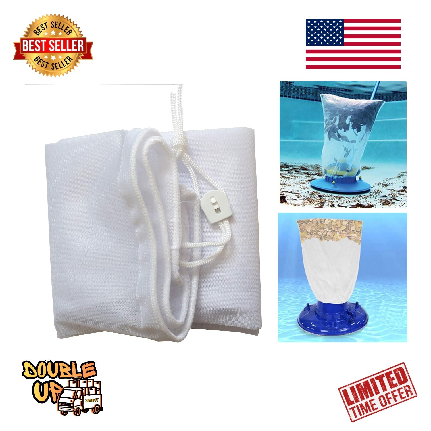 Versatile 16&Prime;x24&Prime; Pool Leaf Bag with Pull-N-Lock Cord for Multiple Vacuum Brands