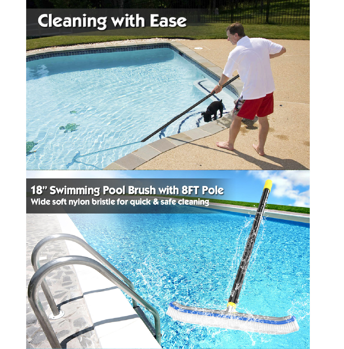 72&Prime; long pole Swimming Pool clean Brush with 18&Prime; wide Brush Head Nylon Bristles