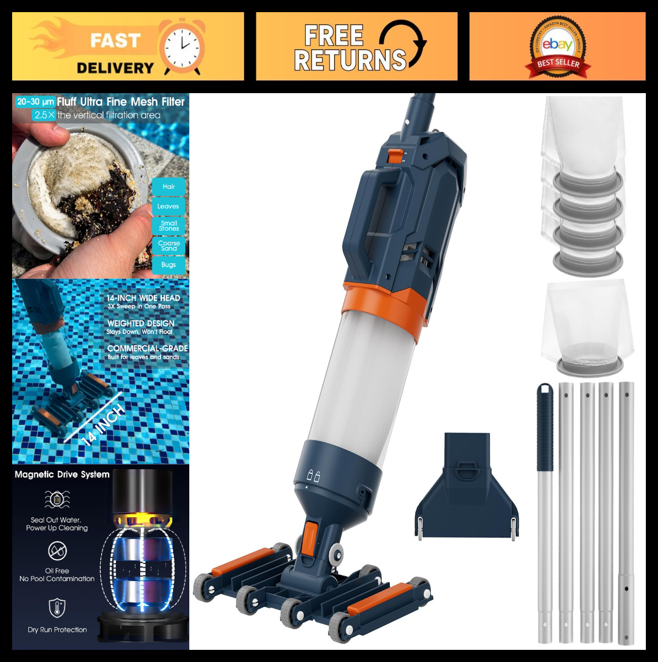 Heavy Duty Handheld Pool Vacuum – 18.9GPM Suction, 14 » Wide Head, 60min Run Tim