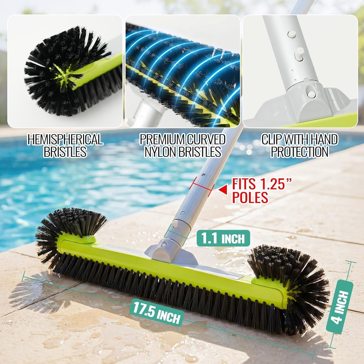 Ergonomic Pool Scrub Brush for Tile and Vinyl with 1.25” Pole Compatibility