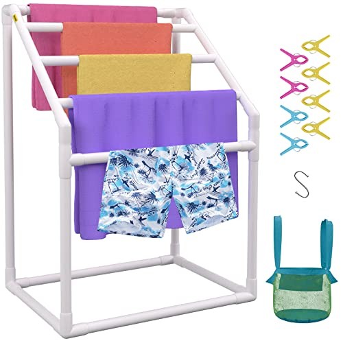 Pool Towel Rack, Freestanding Outdoor PVC Trapedozal Poolside 5 Bar White