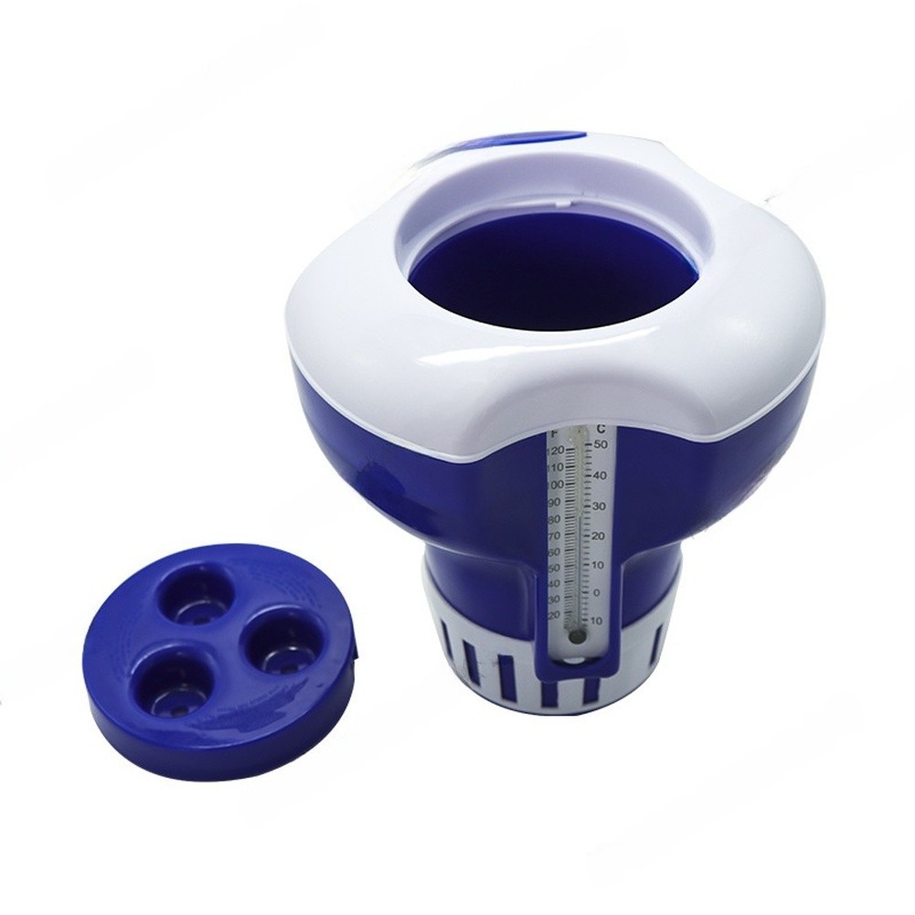 7 Inch Pool Floating Dispenser with UV Resistant PVC Thermometer and 3 Hole Lid