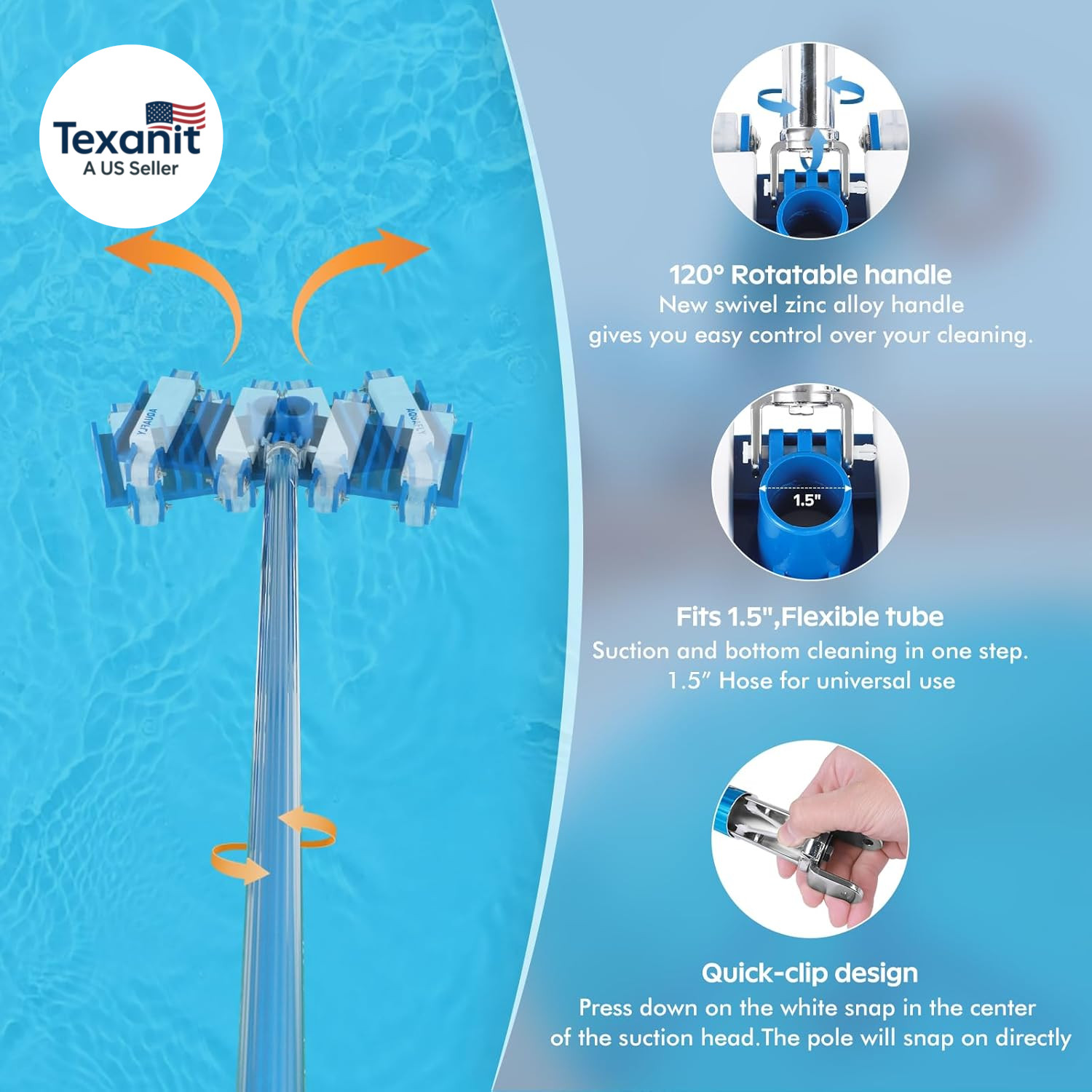Pool Vacuum Head, Manual Cleaning Vacuum with Wheels 14 » Heavy Duty Handle Pool