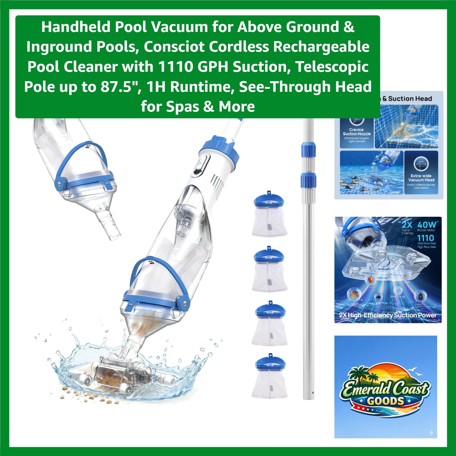 Cordless Rechargeable Pool Vacuum with 1110 GPH Suction, Telescopic Pole 87.5&Prime;