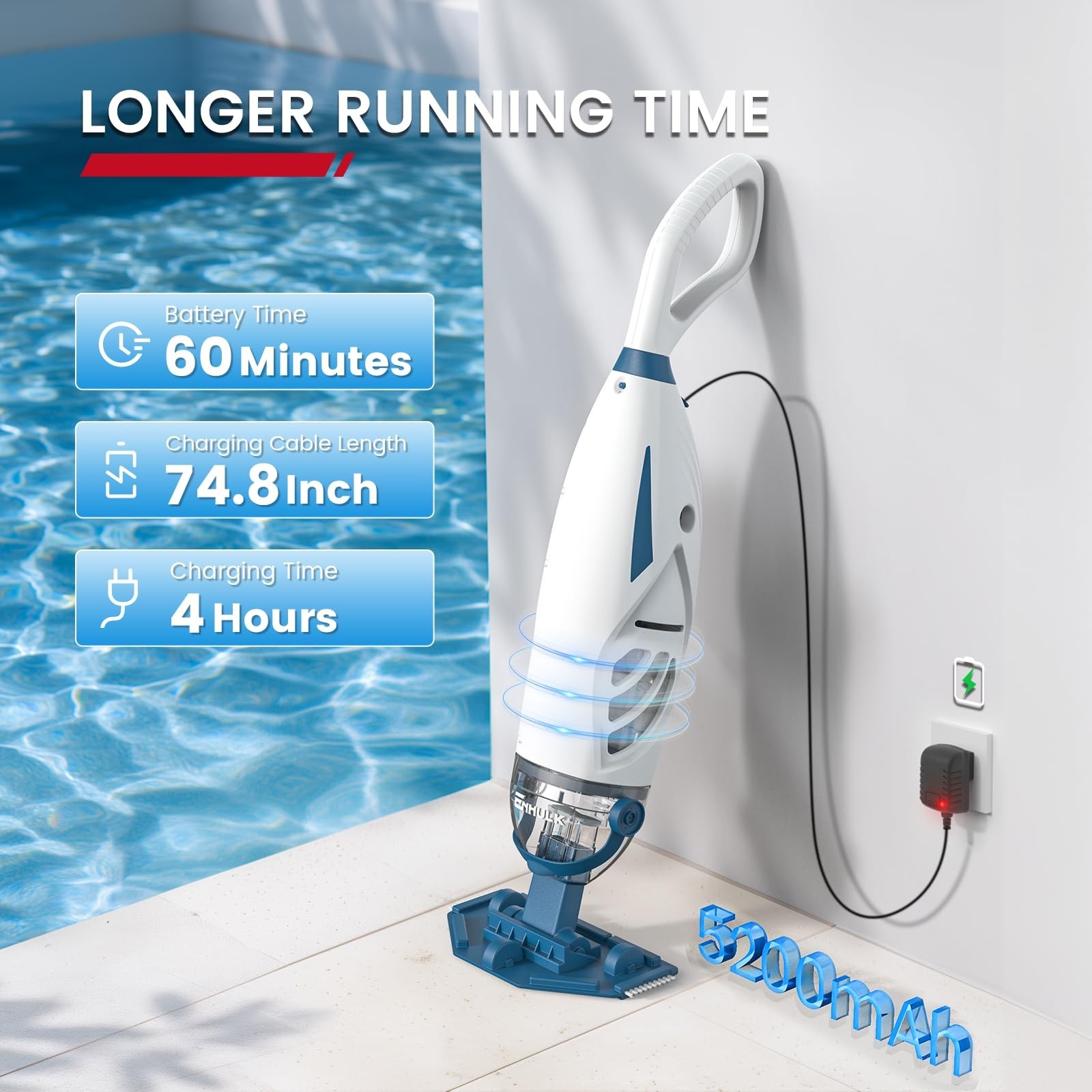 Cordless Pool Vacuum with 6&prime; Pole, 26.5 GPM Suction, 1H Runtime, 2 Filters – Ide