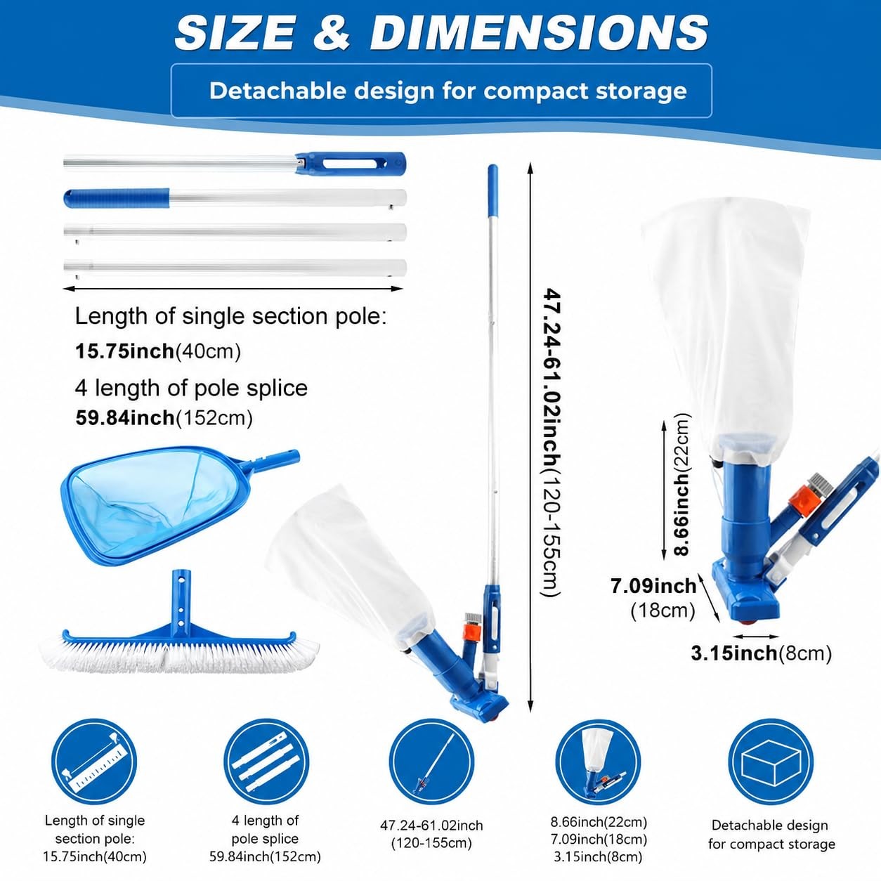 KKZACONL Pool Cleaning Kit Pole Spa Vacuum Net Brush