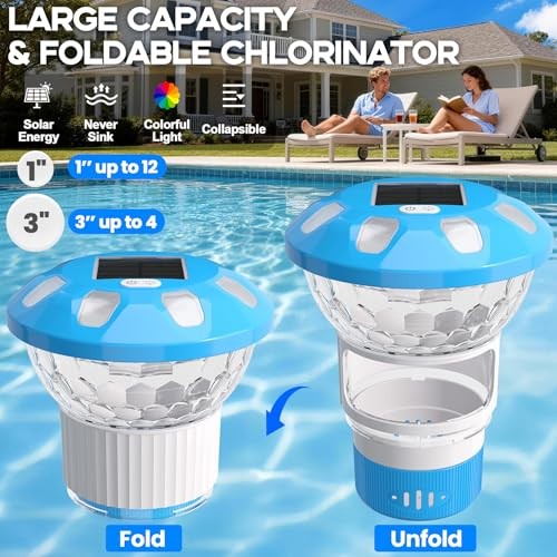 Pool Chlorine Floater, Solar Chlorine Floater with Colorful Lights, Light Blue