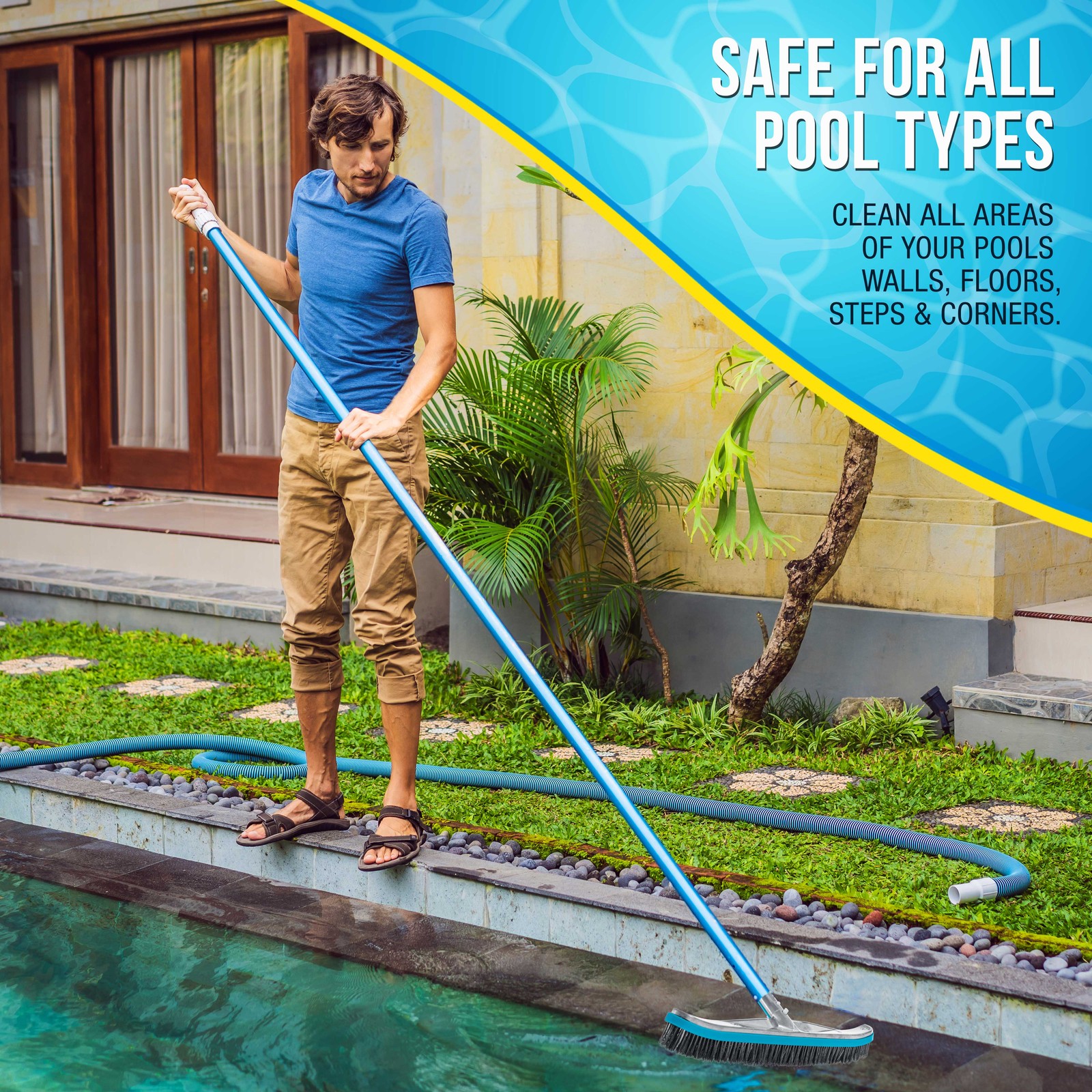 18&Prime; Stainless Steel Pool Brush with Aluminum Handle, EZ Clips – Durable Bristles