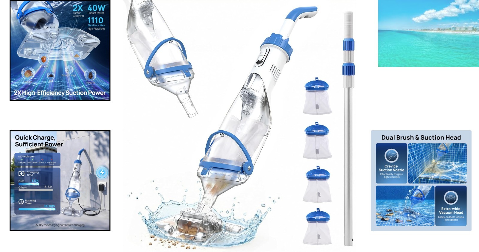Cordless Rechargeable Pool Vacuum with 1110 GPH Suction, Telescopic Pole 87.5&Prime;