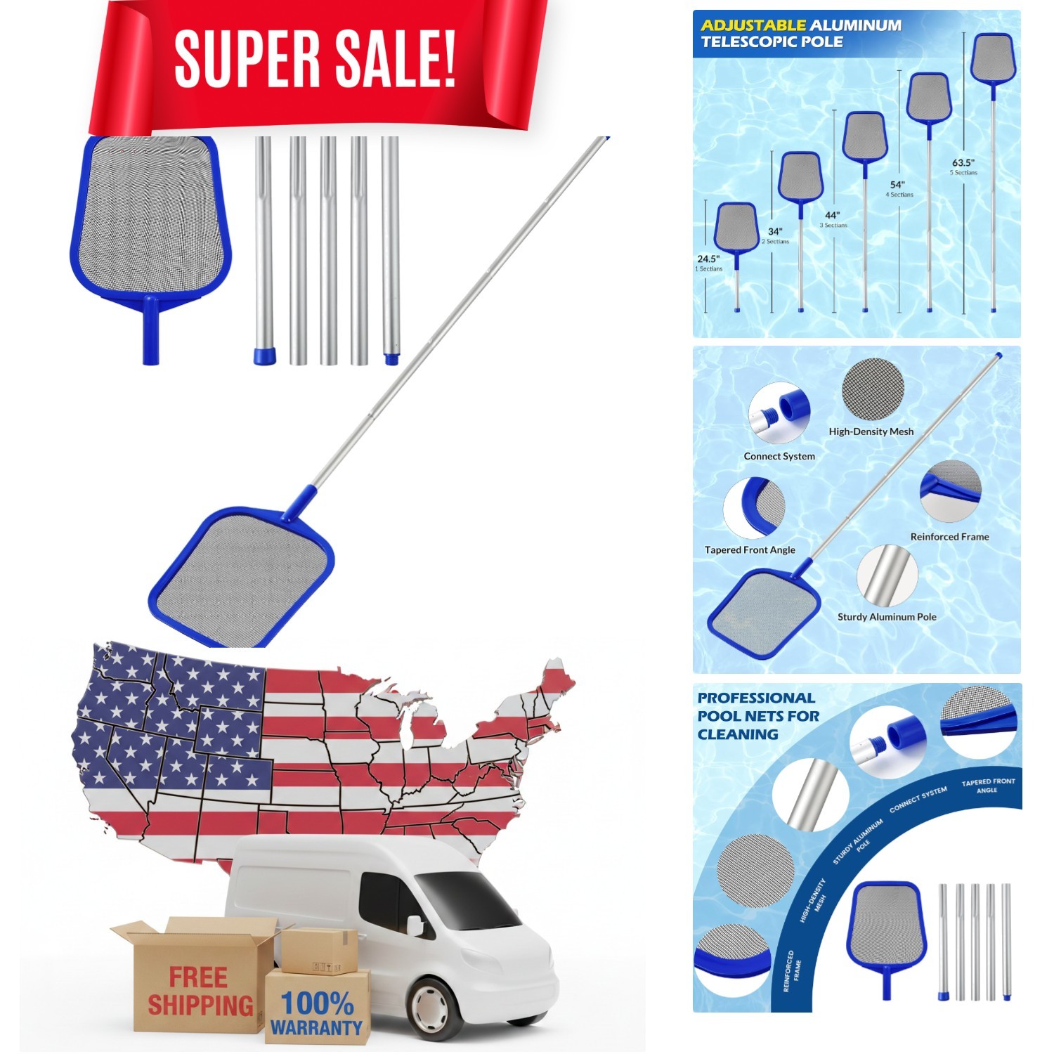 Durable Aluminum Pool Skimmer Net – Telescopic Pole 23 » to 60 » for All Pools