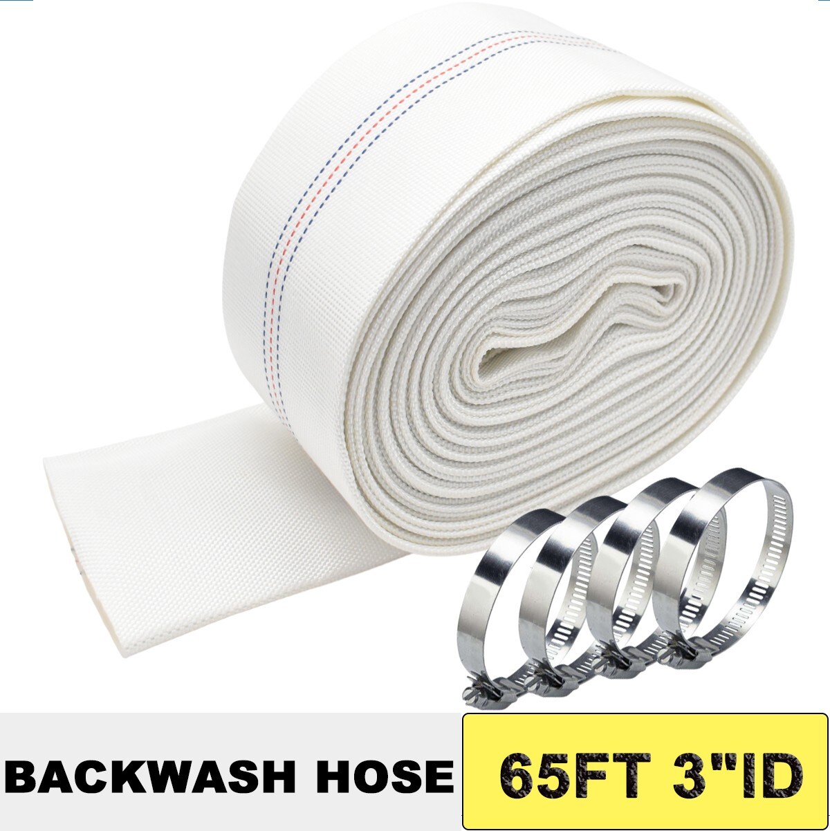 Water Discharge Backwash Pool Hose 3&Prime; in inch x 65 FT Lay-Flat Drain Pump White