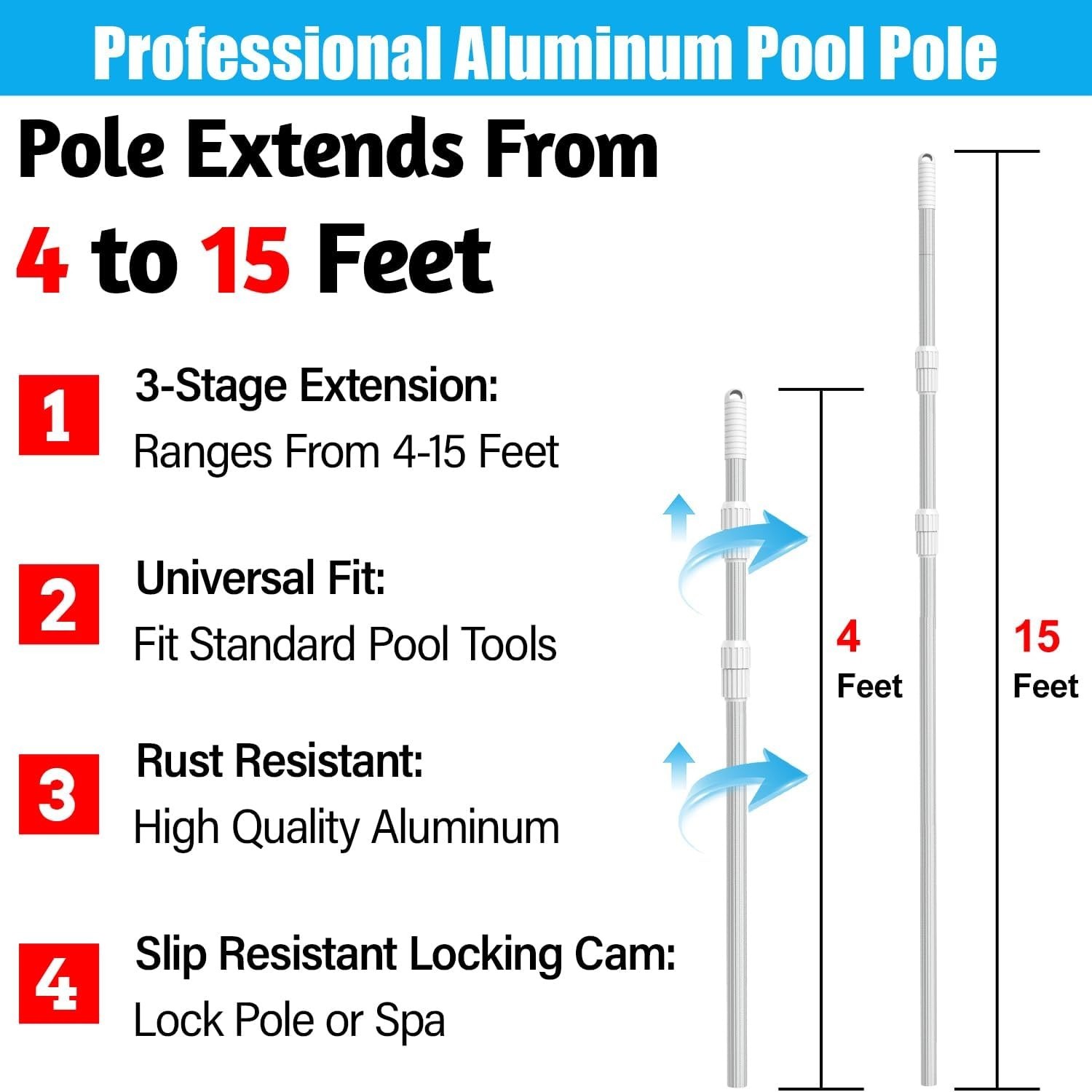Professional 15FT Telescopic Aluminum Pool Pole – Heavy Duty Cleaning Solution