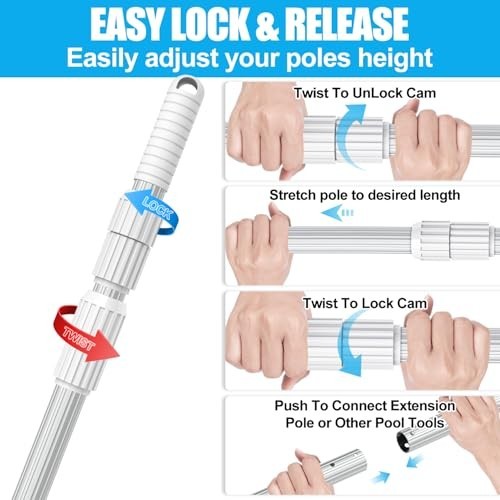 15ft Telescopic Aluminum Pool Cleaning Pole – Heavy Duty for Skimmer Nets & Vacu