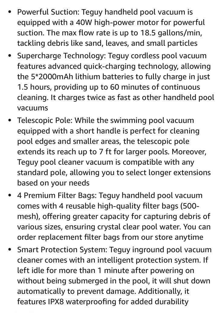 Cordless Pool Vacuum with Telescopic Pole, 18.5 GPM Powerful Suction, 1.5H Super