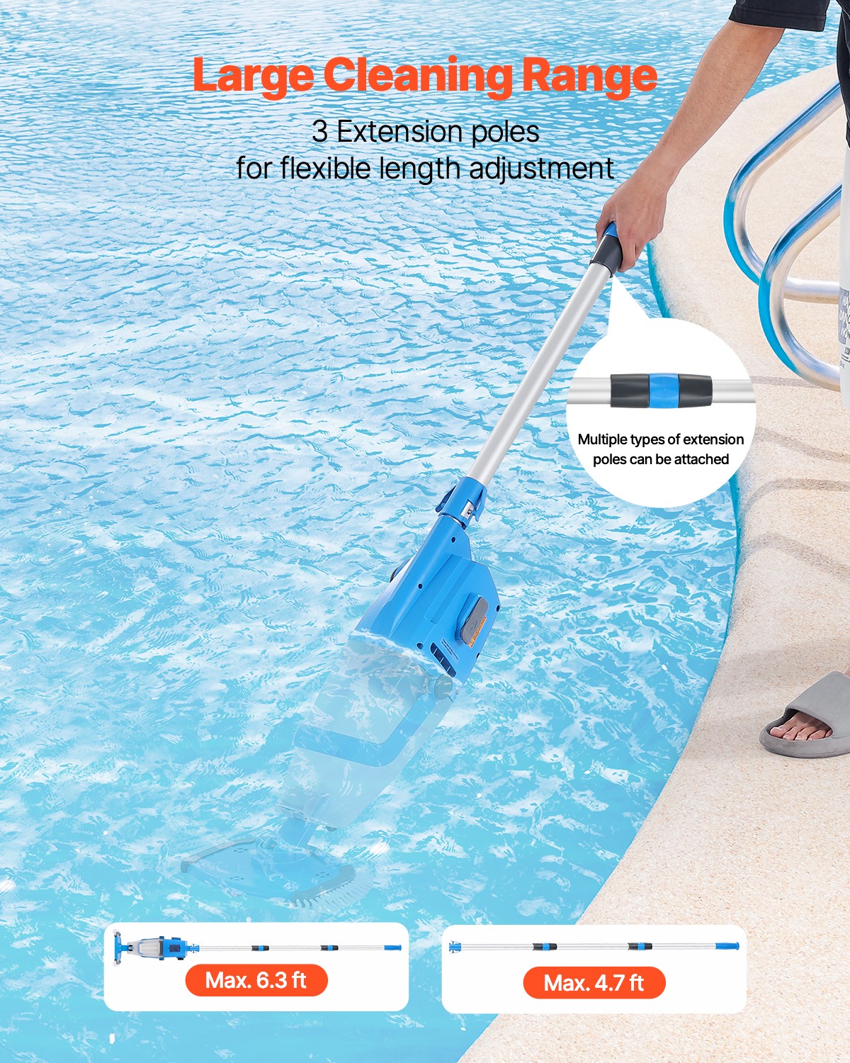 Pool Vacuum Suction/8.5/26GPM Rechargeable Pool Cleaner w/ Hose/Extension Pole
