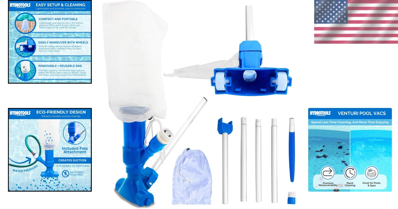 Effortless HYDROTOOLS Mini Venturi Pool & Spa Vacuum – Cordless, 1.2lb Design