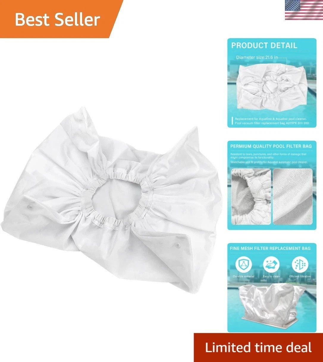 Fine Mesh Pool Cleaner Filter Bag for Aquafirst & Aquabot 8111 A8111PK