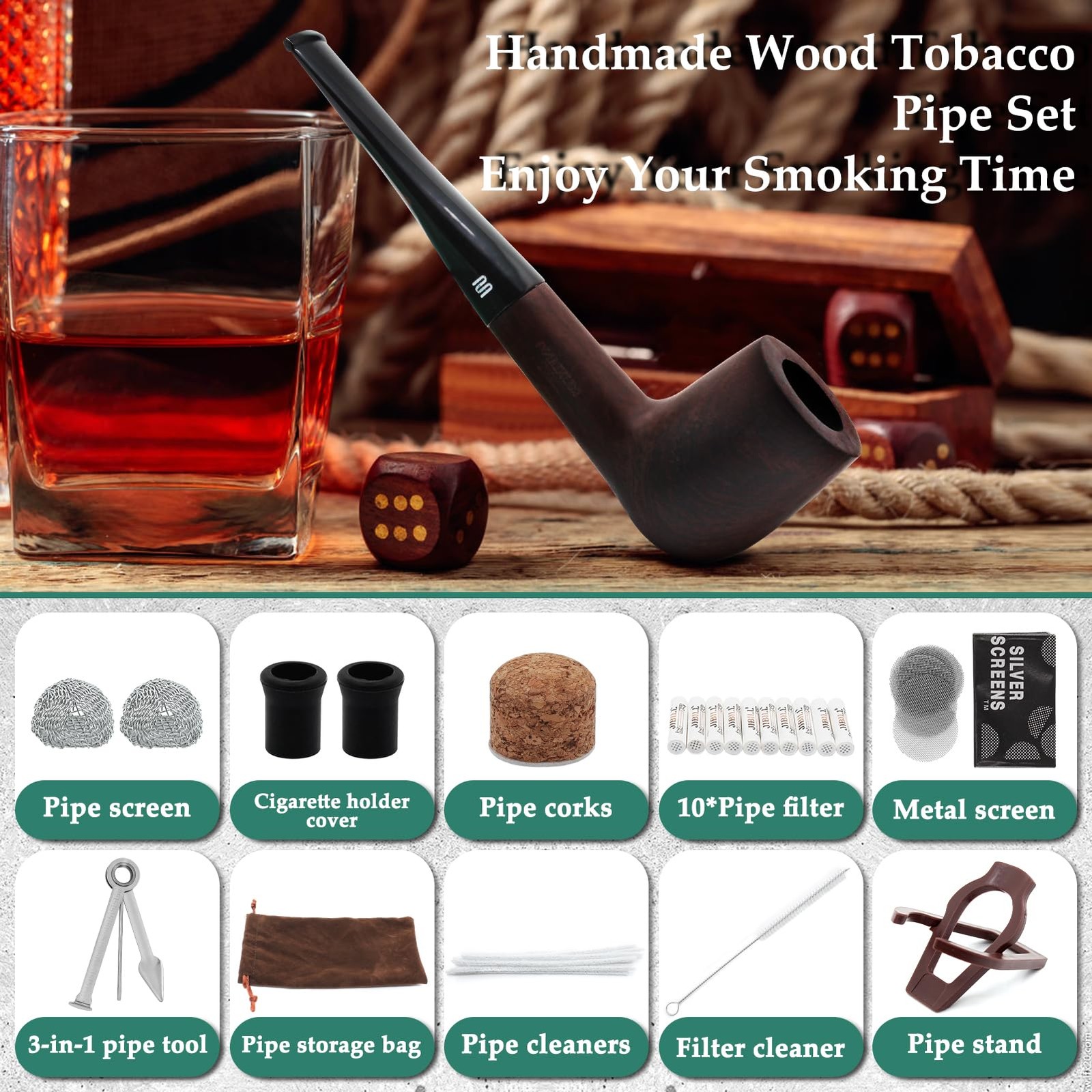 Tobacco Pipe Set,Handmade Wood Smoking Pipe,Pipe Starter Dark Brown